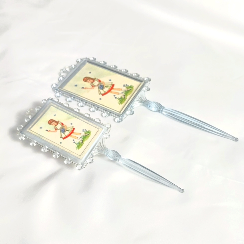 Vintage Children's Clear Blue Plastic Hand Mirror and Brush Set - Little Girl